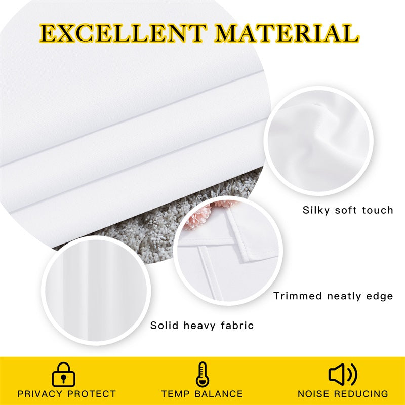Close-up of white thermal insulated blackout curtain fabric, highlighting silky soft touch, neatly trimmed edges, and solid heavy material. Provides privacy, temp balance, noise reduction.
