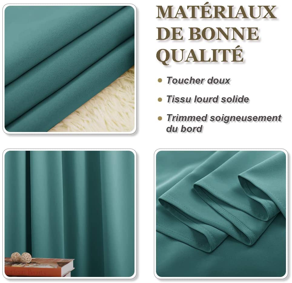 Teal thermal insulated blackout curtain fabric close-ups: soft heavy weave, crisp drape, and quality stitching detail for living room.