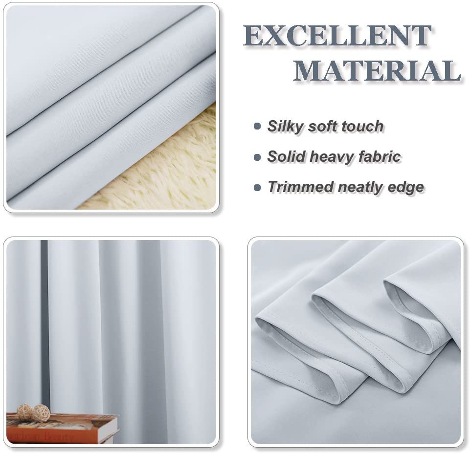 Light grey thermal insulated blackout weave curtain fabric close-up, highlighting silky soft touch, solid heavy weight, and neat hem.