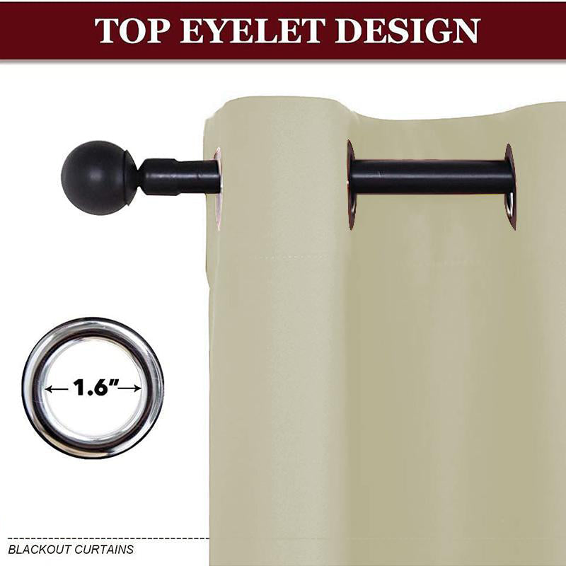 Thermal insulated blackout curtain showing 1.6-inch metal grommet and top eyelet design on a rod