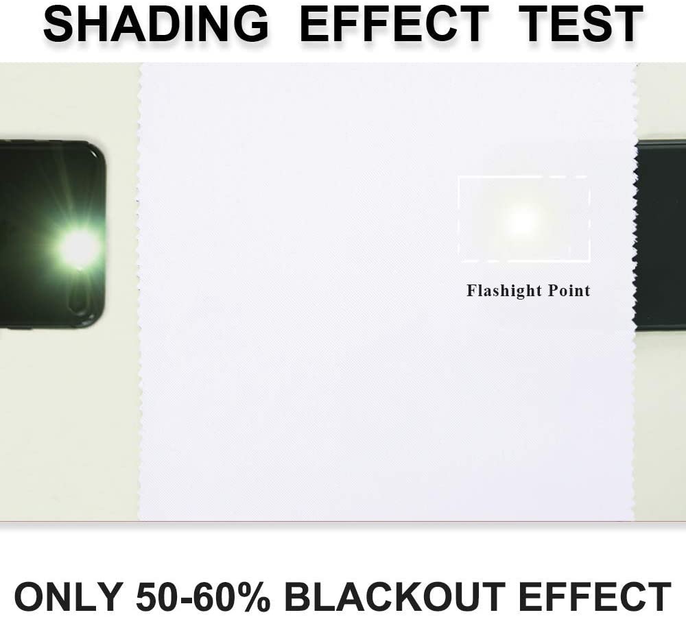 Shading test of white blackout curtain fabric, illustrating 50-60% light blockage with a flashlight beam visible.