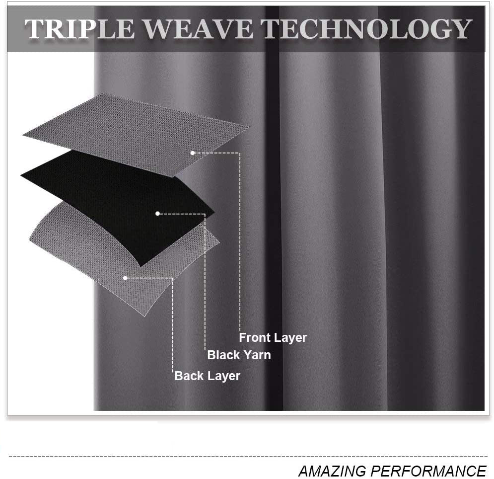 KGORGE triple weave blackout curtain fabric layers: front, black yarn, and back, illustrating thermal insulation.