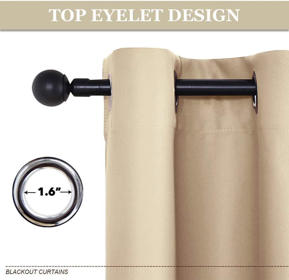 Beige thermal insulated blackout weave curtain showing 1.6" grommets on a black rod, emphasizing the eyelet design for living room.