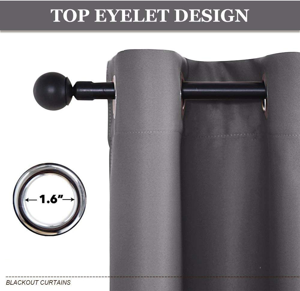 Close-up of gray thermal insulated blackout curtain showing 1.6" metal grommet top and black rod for easy hanging.