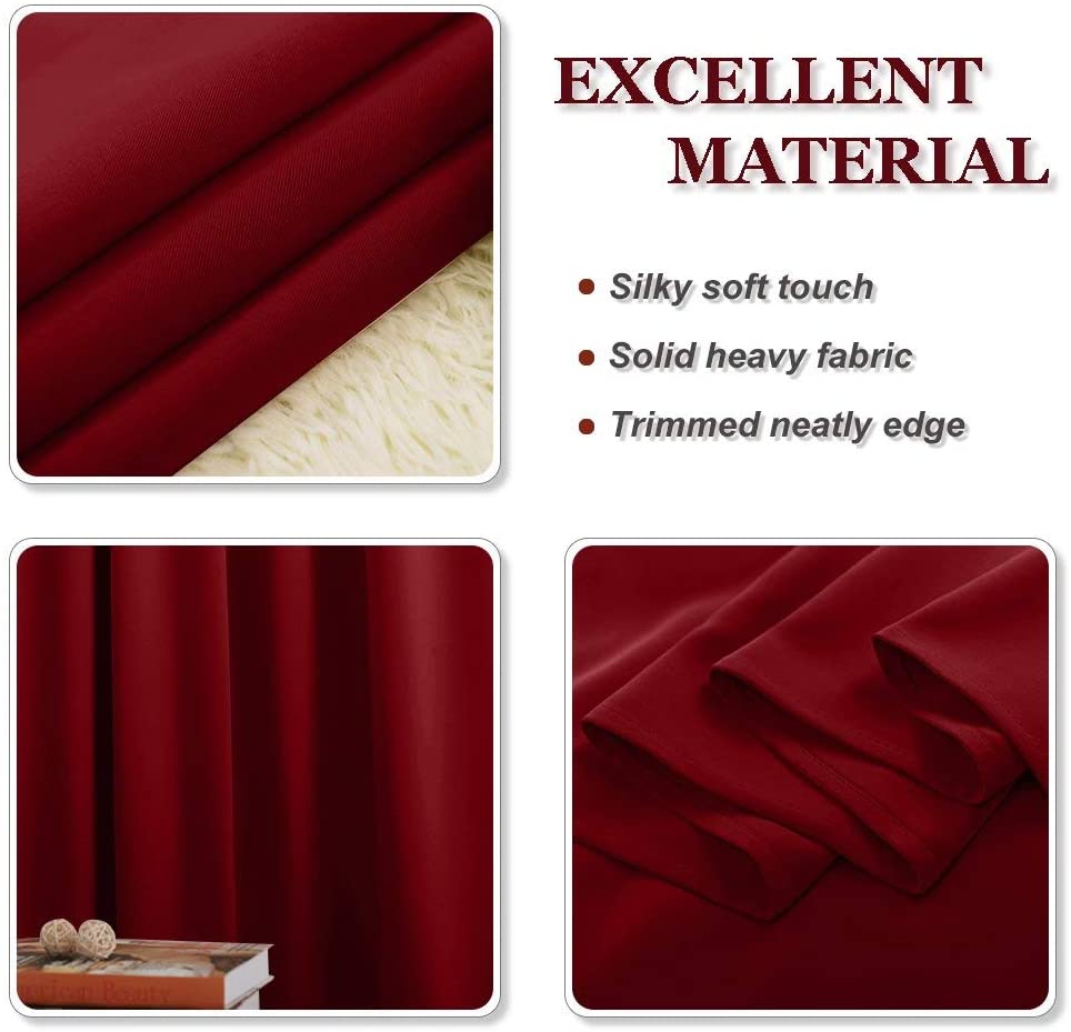 Close-up of deep red thermal insulated blackout curtain fabric, highlighting its silky soft touch, solid heavy weave, and neatly trimmed edges.