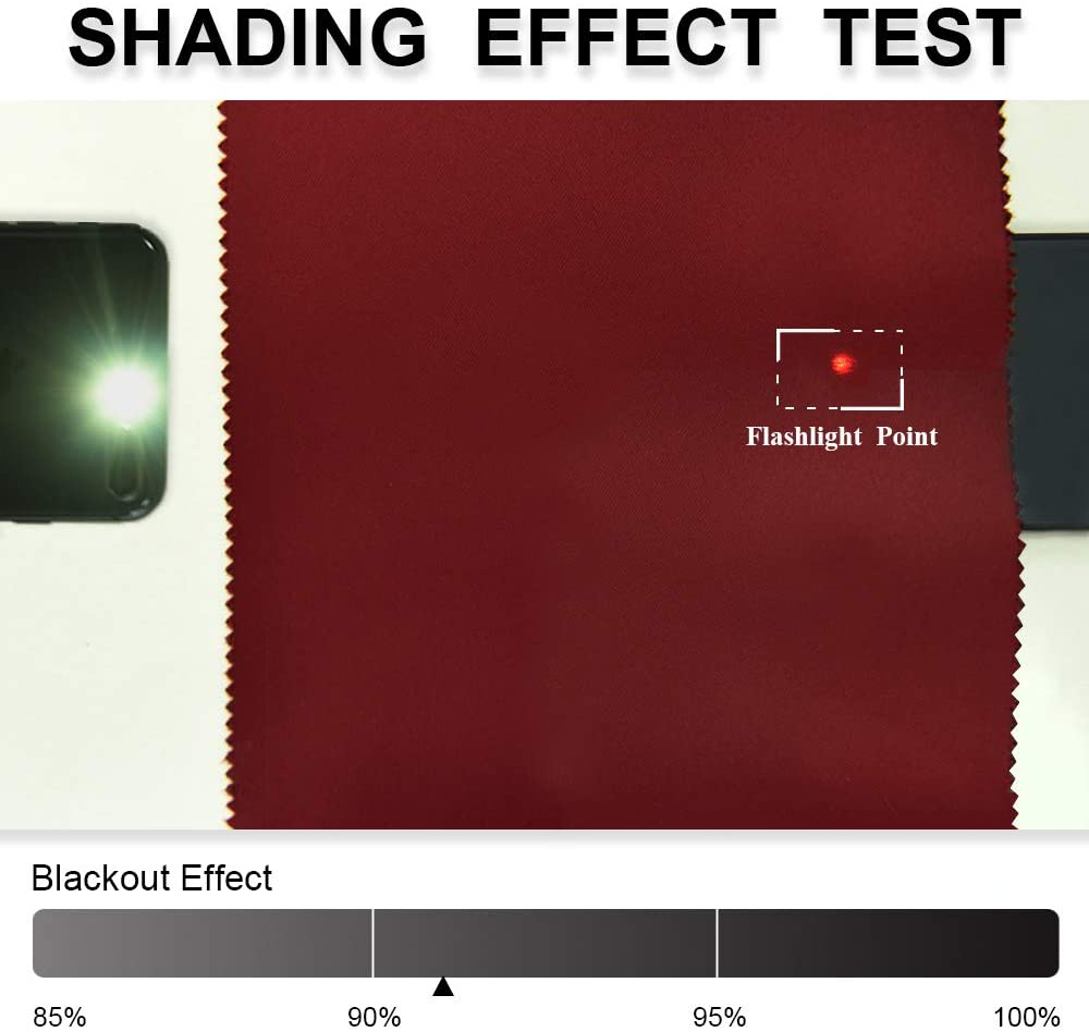 Flashlight test on maroon blackout weave curtain fabric, showing >90% thermal insulated light-blocking and shading performance.