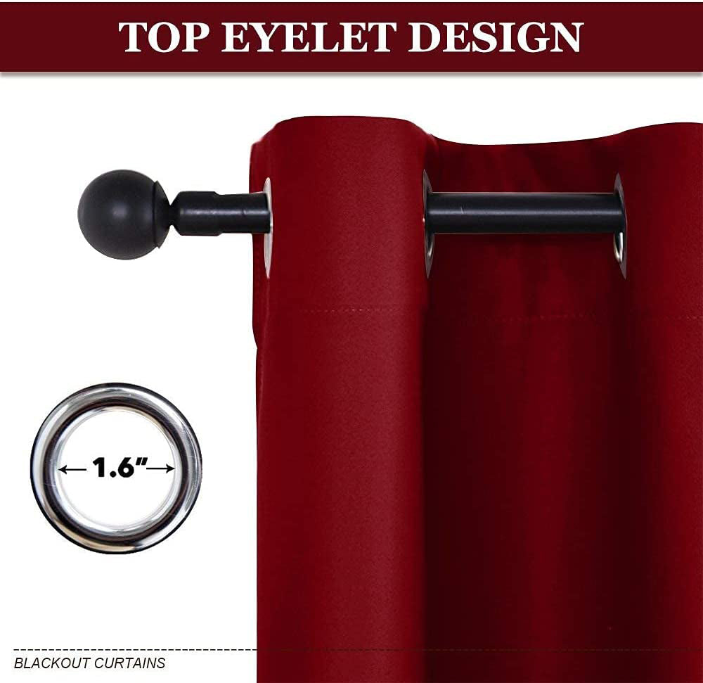 Red thermal insulated blackout curtain detail showing a 1.6-inch metal grommet top design on a black rod, ideal for living rooms.