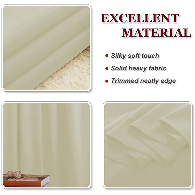 Close-up of beige thermal insulated blackout weave curtain fabric, highlighting silky soft touch, heavy material, and neat edges.