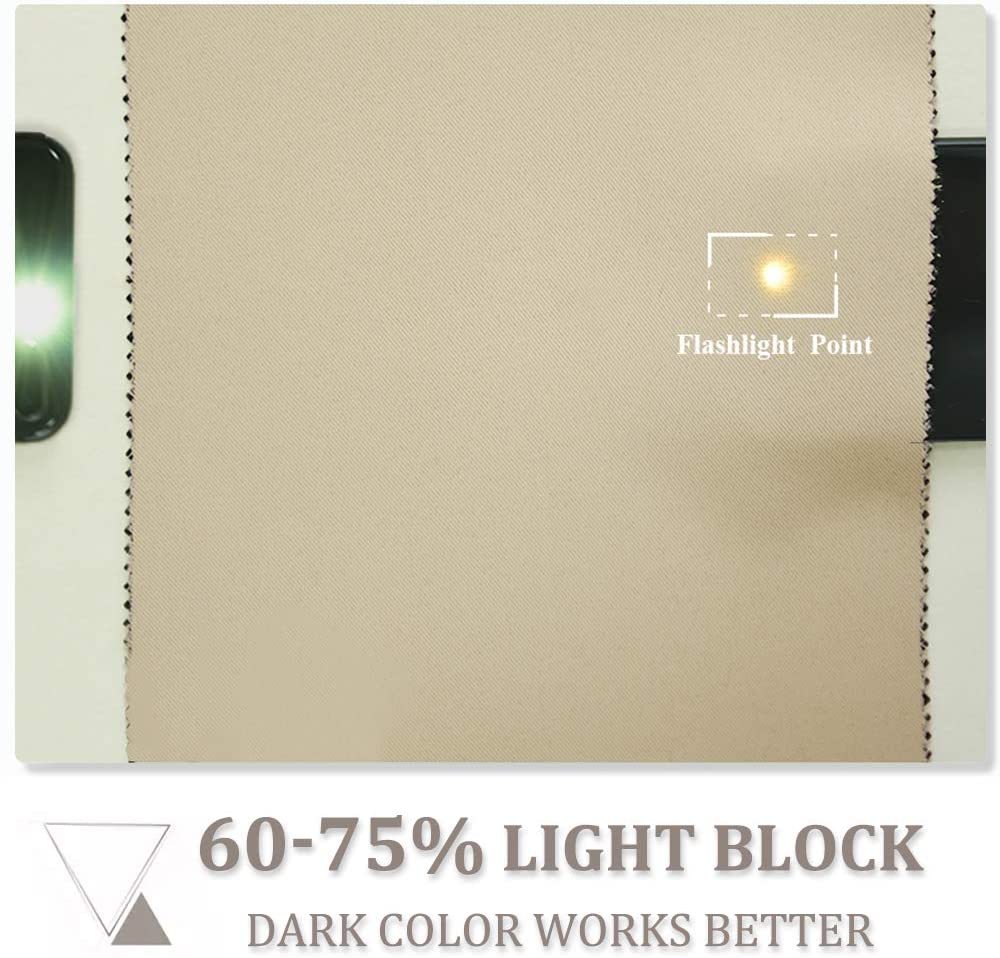 Beige thermal insulated blackout weave fabric showing 60-75% light blocking performance with a flashlight test.