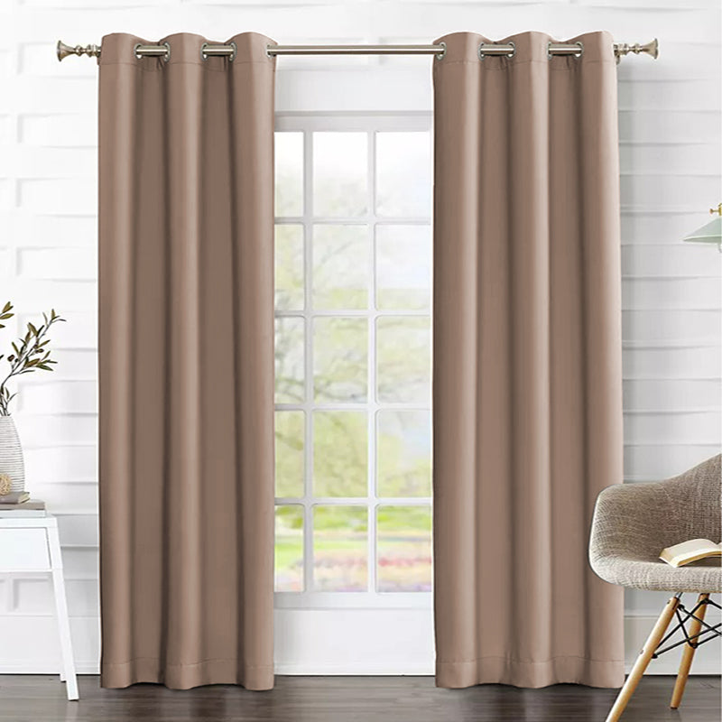 Taupe grommet thermal insulated blackout weave curtains, a 2-panel set for living room privacy and light control.