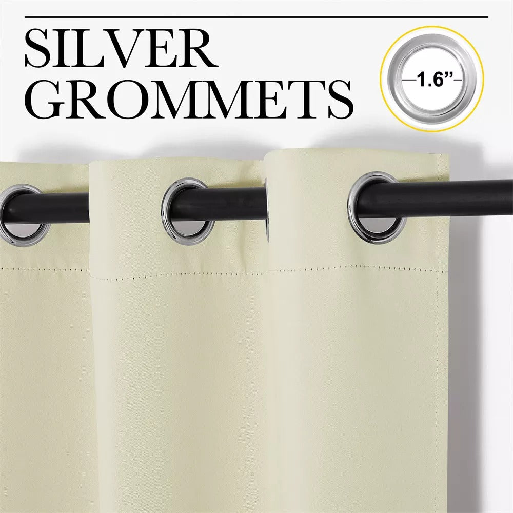 Close-up of silver 1.6-inch grommets on cream 3-layer thermal soundproof blackout curtains for living room, bedroom.
