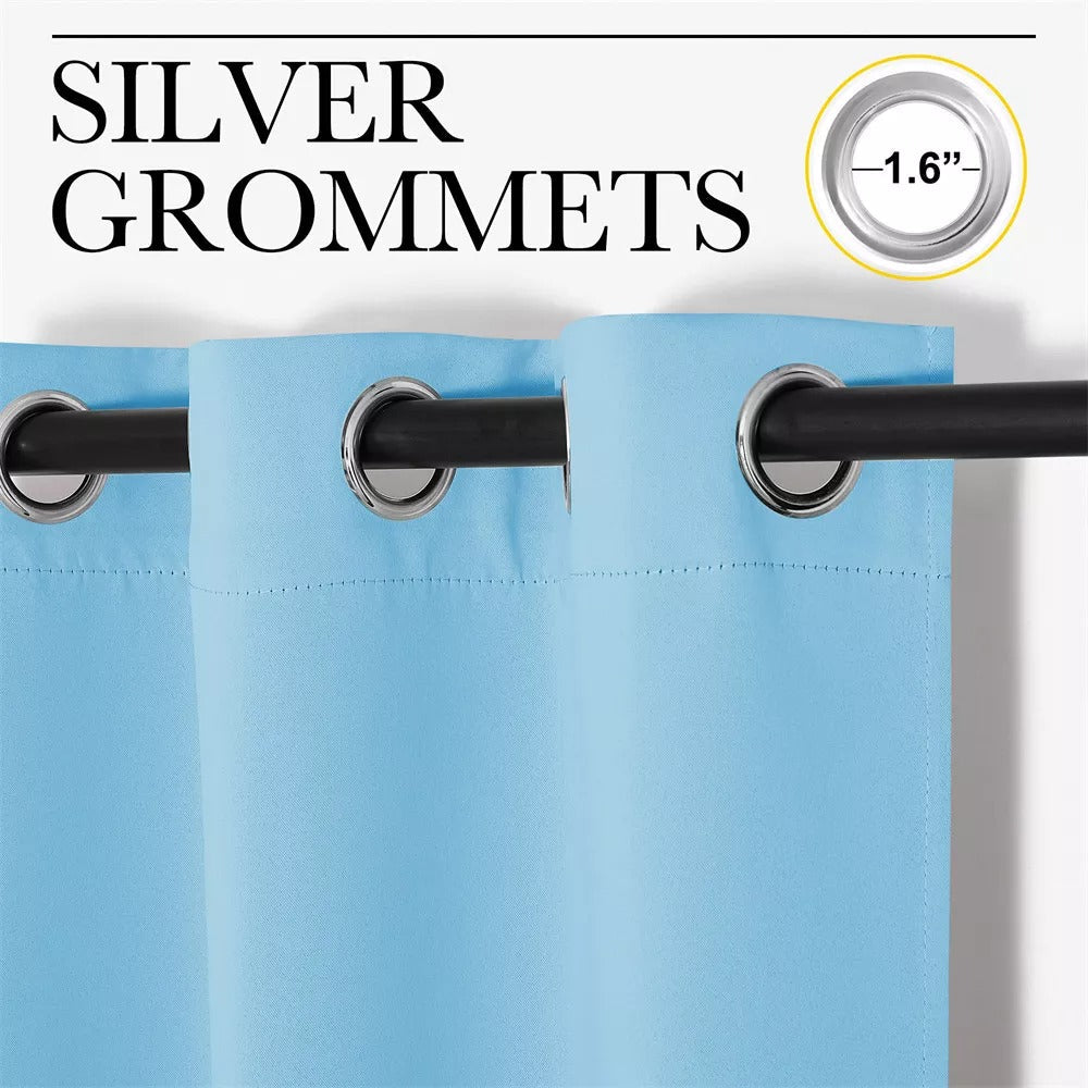 Light blue thermal blackout curtain showing 1.6-inch silver grommets on a rod for easy living room/bedroom hanging.