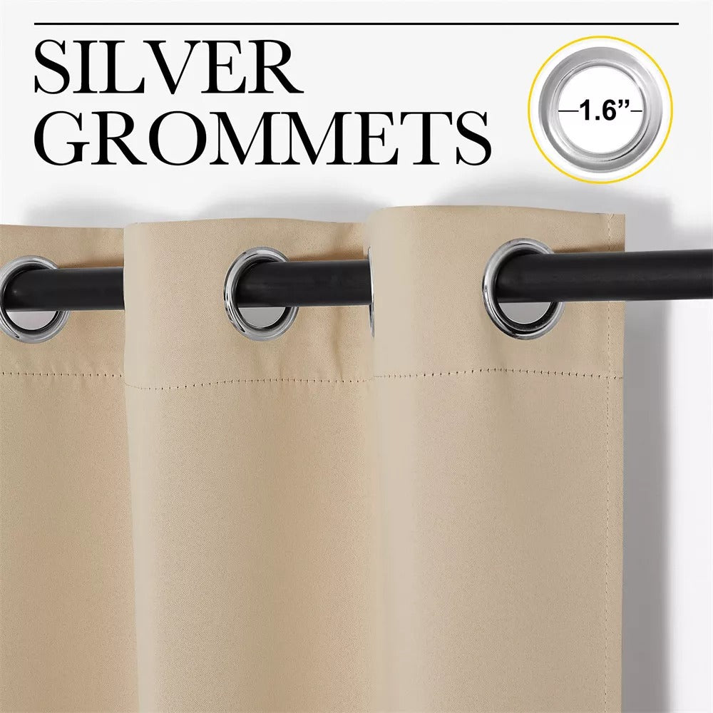 Close-up of beige thermal soundproof blackout curtain panel with silver grommets on a rod, highlighting 1.6 inch grommet detail.
