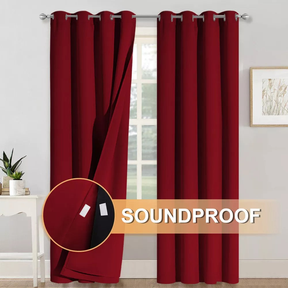 Burgundy grommet 3-layer soundproof blackout curtains for living room and bedroom, showing thick fabric detail.