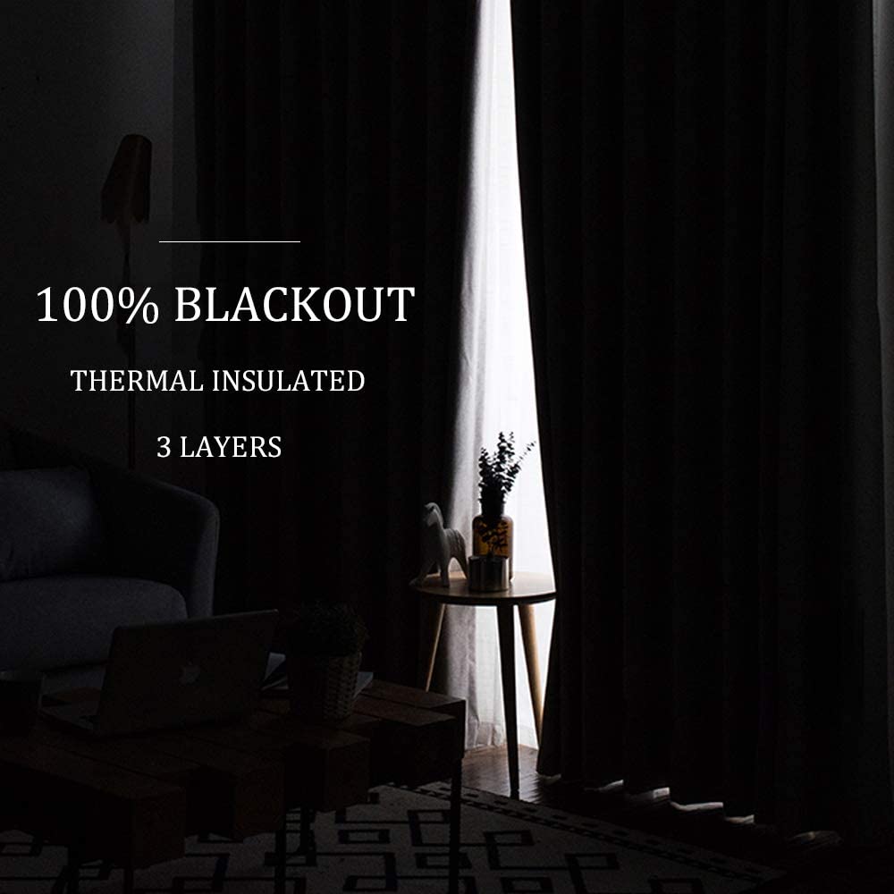 Dark room showing 100% blackout achieved by closed 3-layer thermal soundproof curtains, effectively blocking light from window.