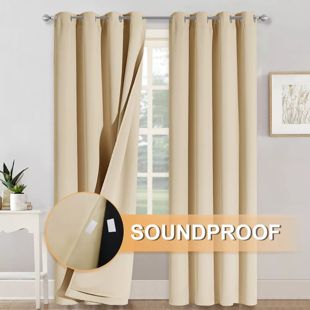 Beige 3-layer thermal soundproof blackout grommet curtains, showing inner black layer and hook-and-loop fasteners for bedroom.