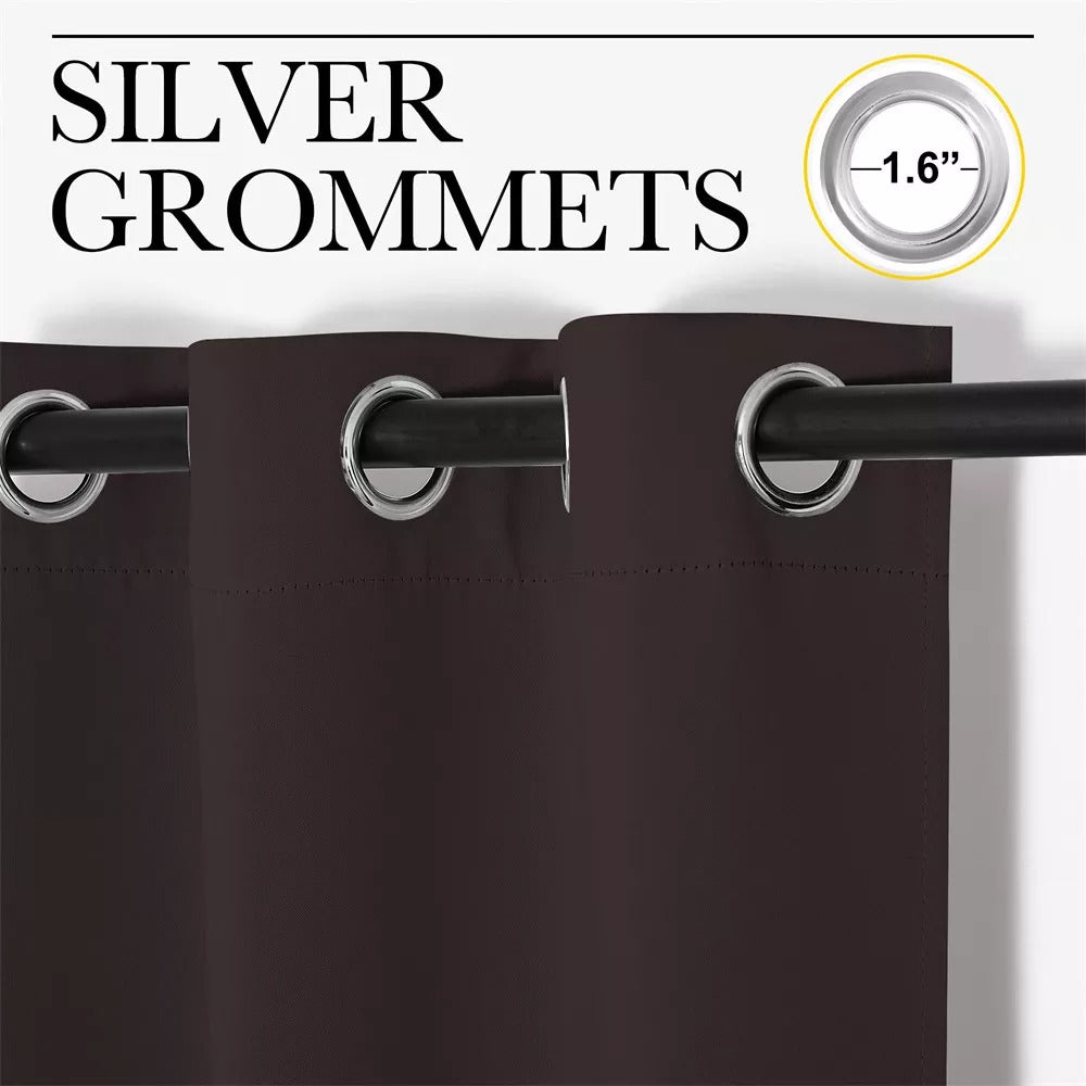 Close-up of rich brown thermal blackout curtain with shiny 1.6" silver grommets, hung on a rod. Ideal for living room or bedroom.