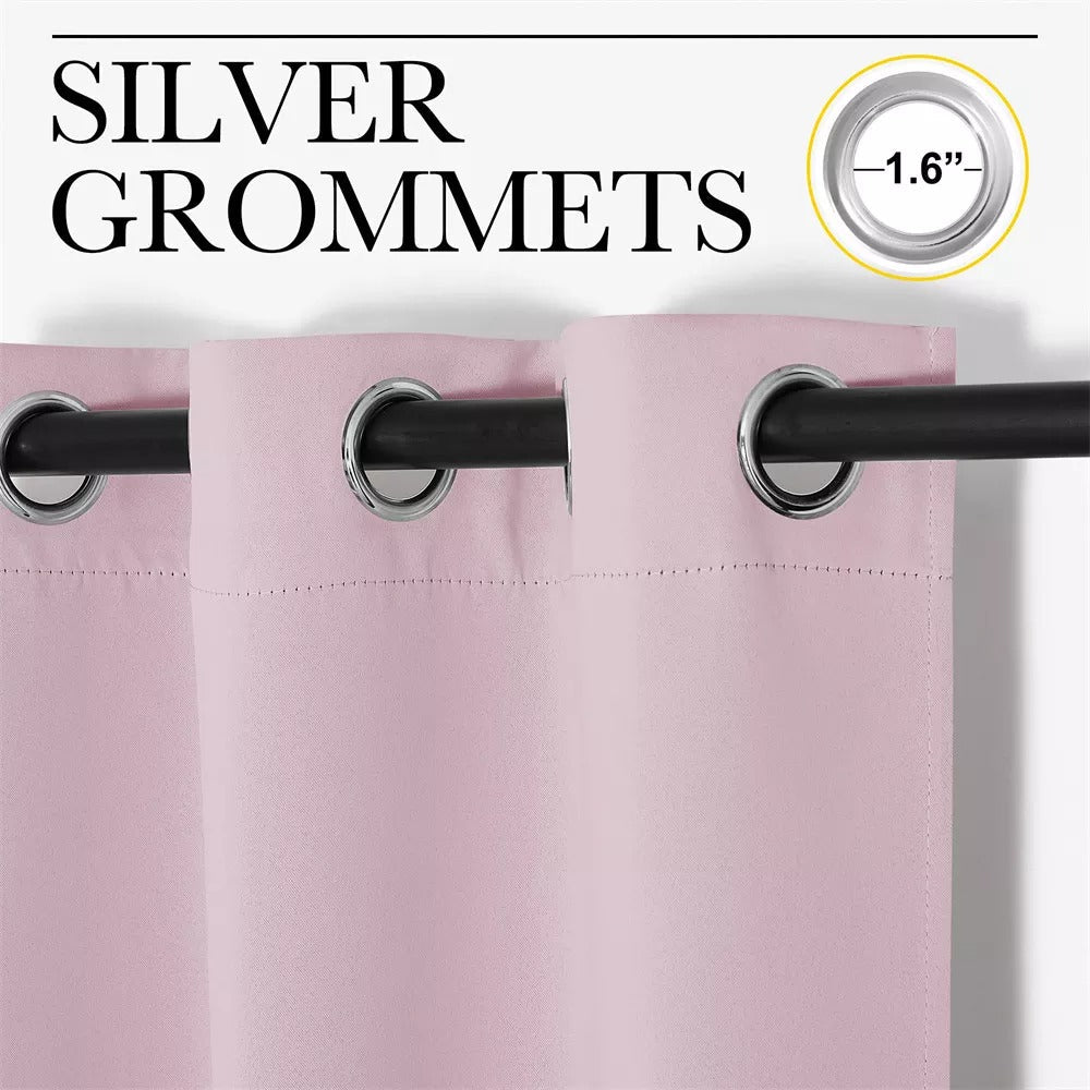 Pink 3-layer thermal soundproof blackout curtains featuring 1.6" silver grommets, detailed on a black curtain rod.