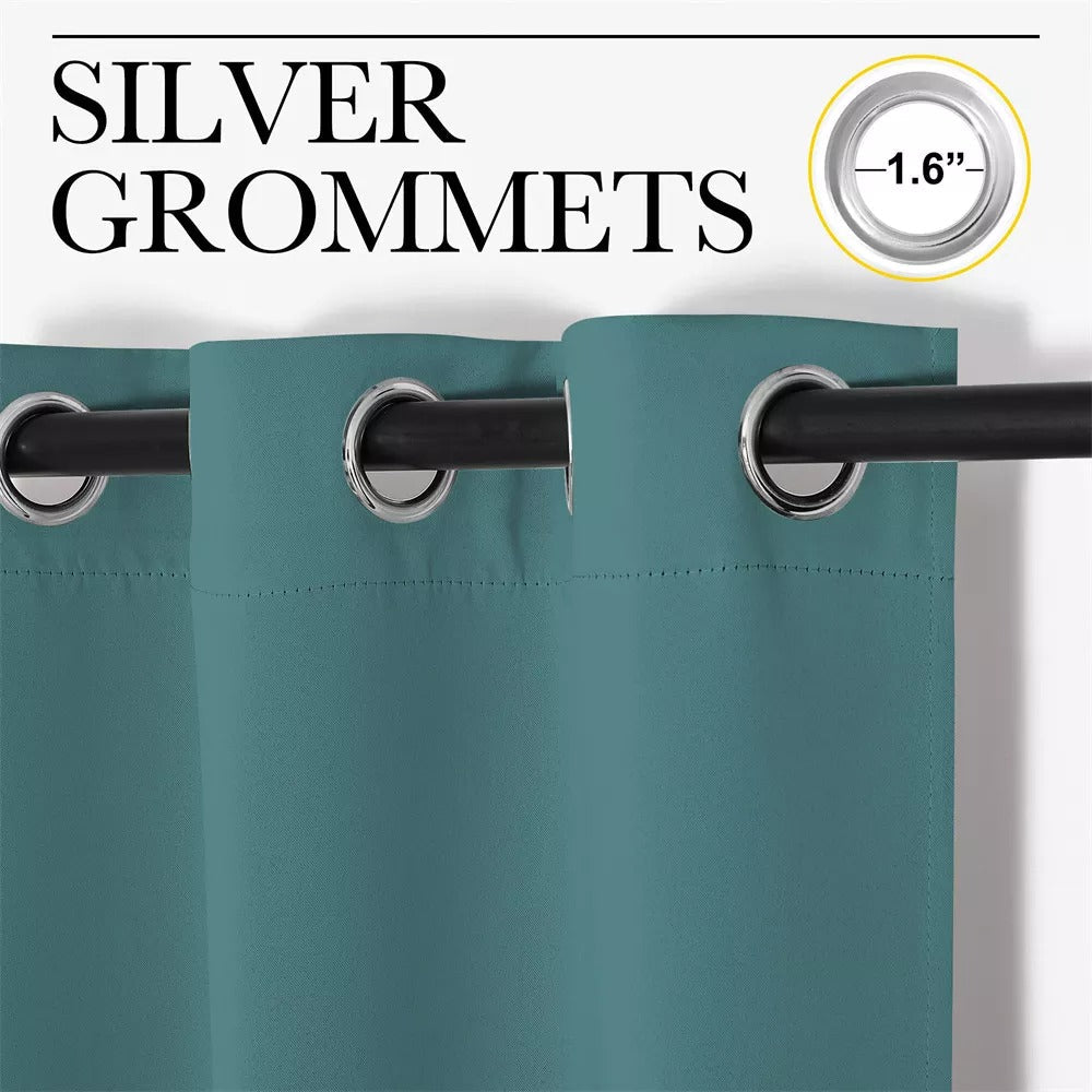 Teal thermal soundproof blackout curtain panel with 1.6" silver grommets on a black rod.