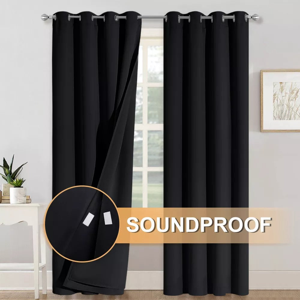 Black 3-layer thermal soundproof blackout grommet curtains for living room or bedroom, with close-up of fabric layers.