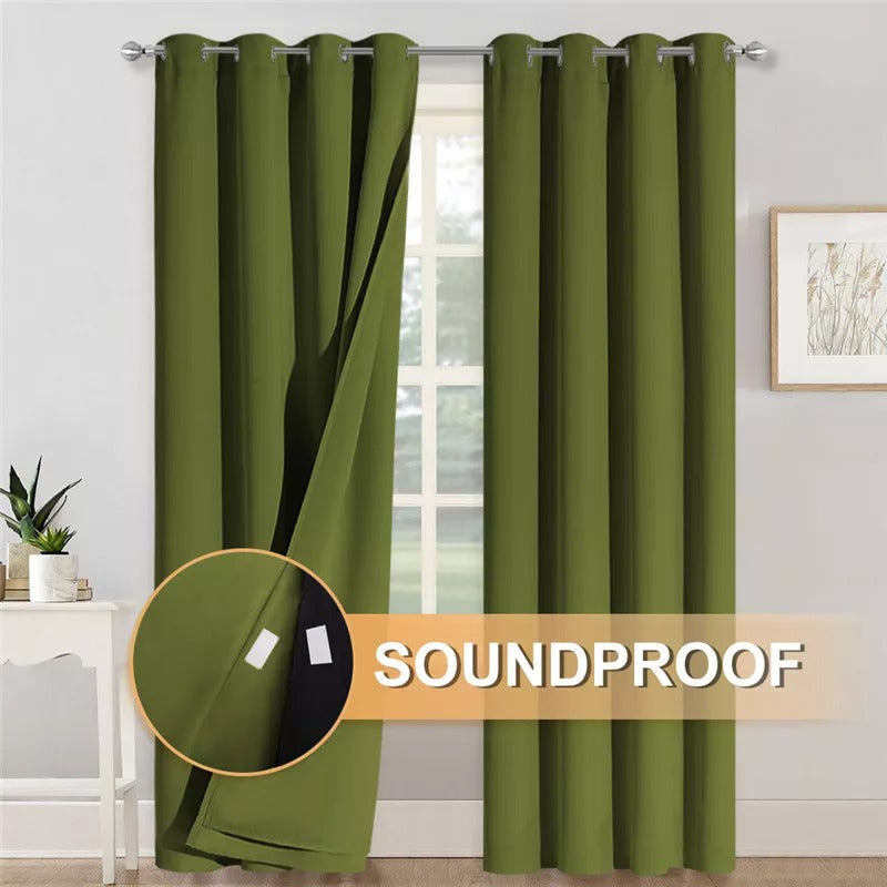 Olive green grommet 3-layer thermal soundproof blackout curtains, with left panel pulled back revealing black lining. Ideal for living room/bedroom.