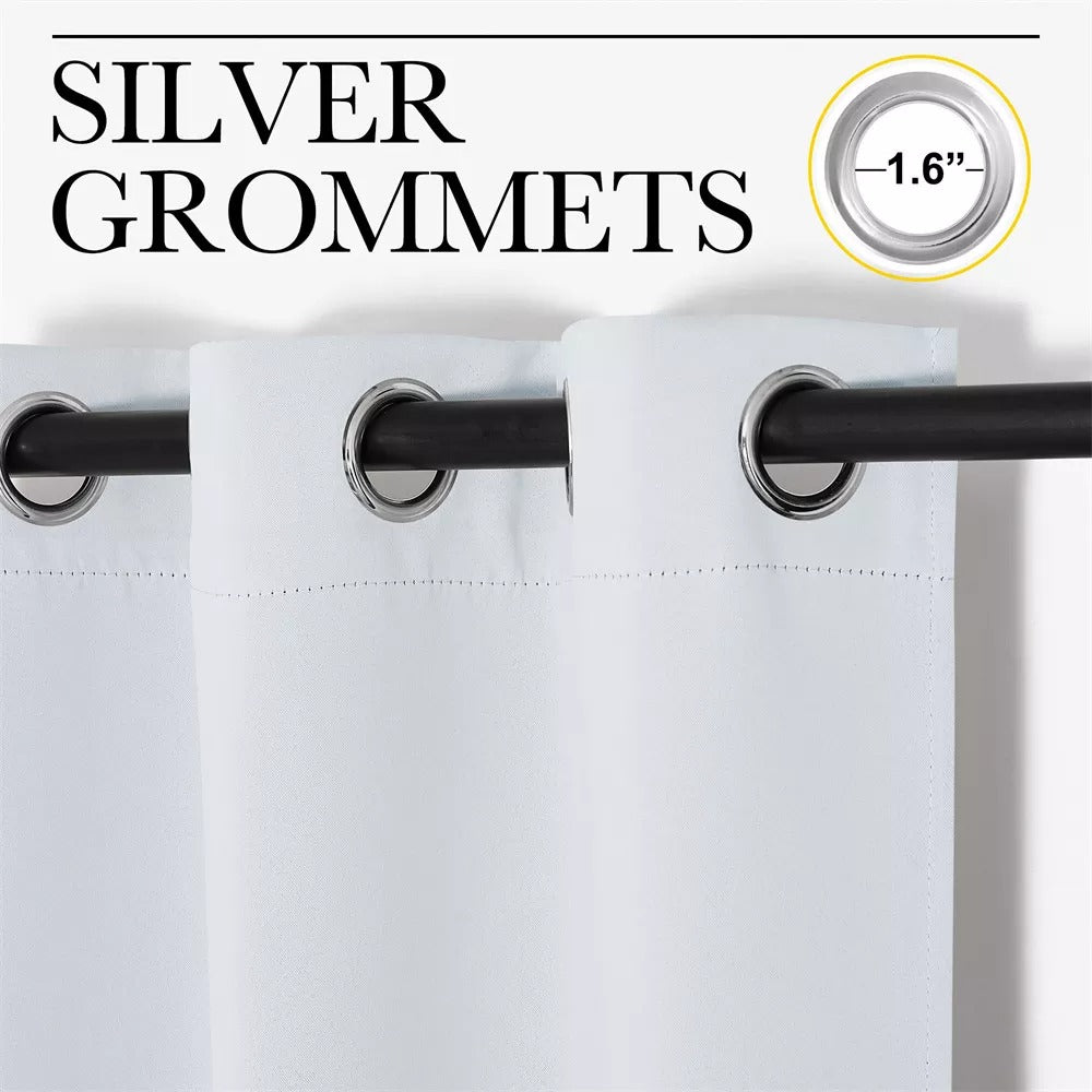 Close-up of white 3-layer blackout curtains with 1.6" silver grommets on a black rod, highlighting thermal soundproof fabric.