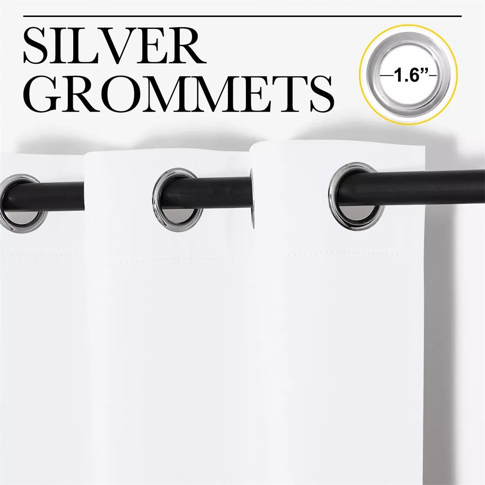 Detail of white 3-layer blackout curtains featuring 1.6-inch silver grommets on a black rod, ideal for thermal & soundproof living room/bedroom.