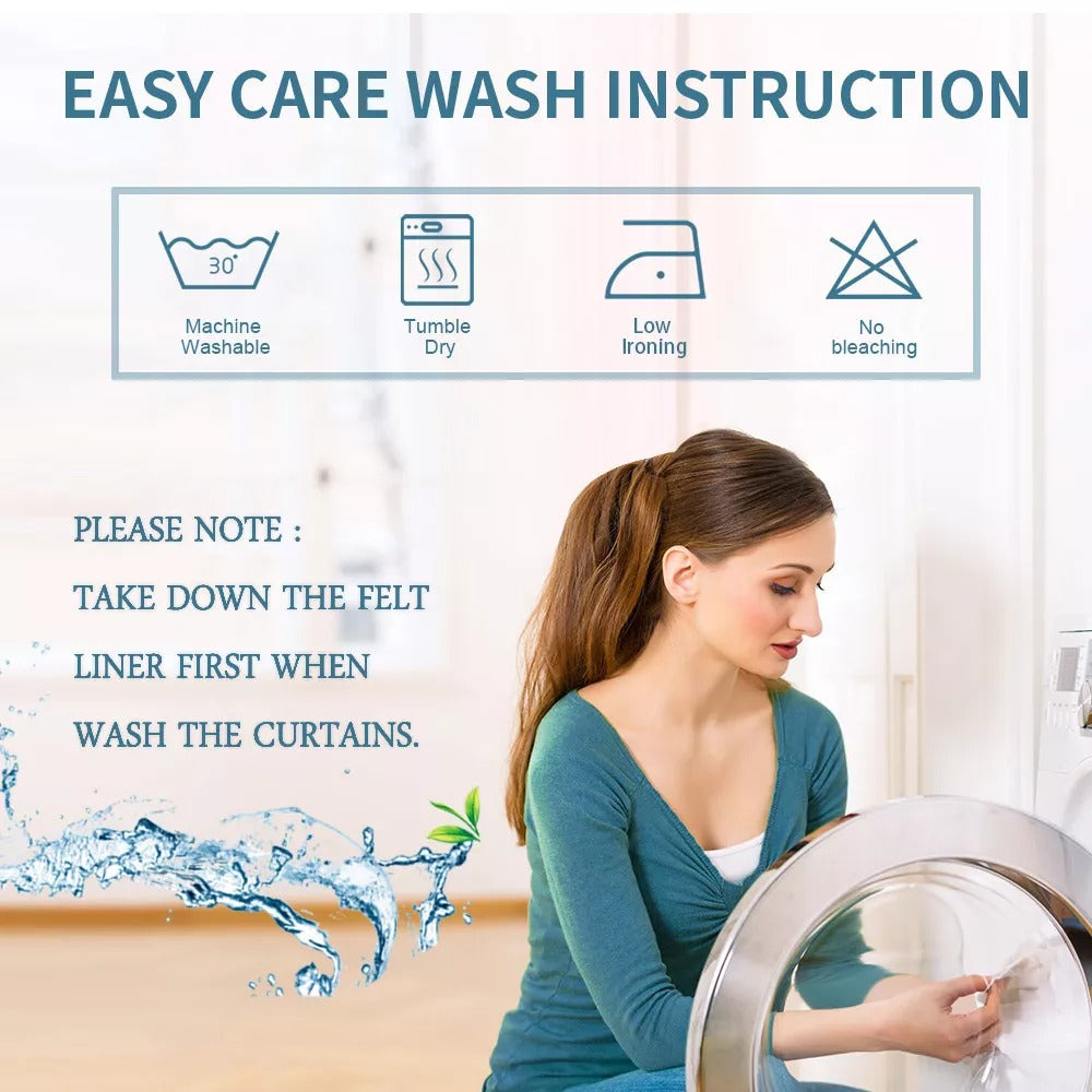 Easy care wash instructions for 3-Layer Thermal Soundproof Blackout Curtains: machine washable, tumble dry, low iron, no bleach. Remember to remove felt liner before washing.