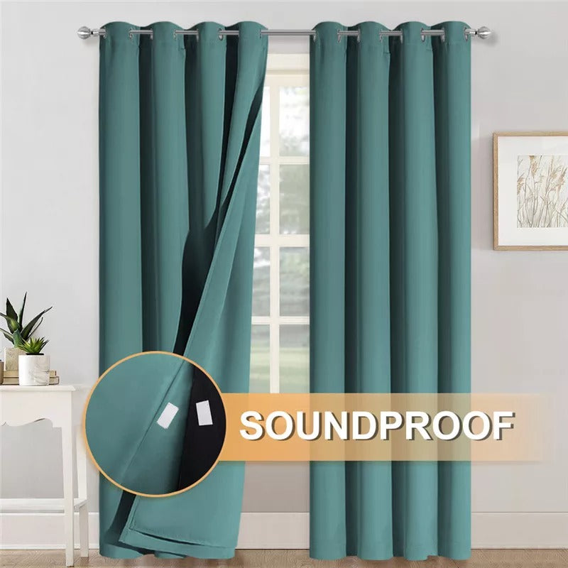 Teal grommet 3-layer soundproof blackout curtains, one panel revealing thick thermal lining. Perfect for living room & bedroom privacy.