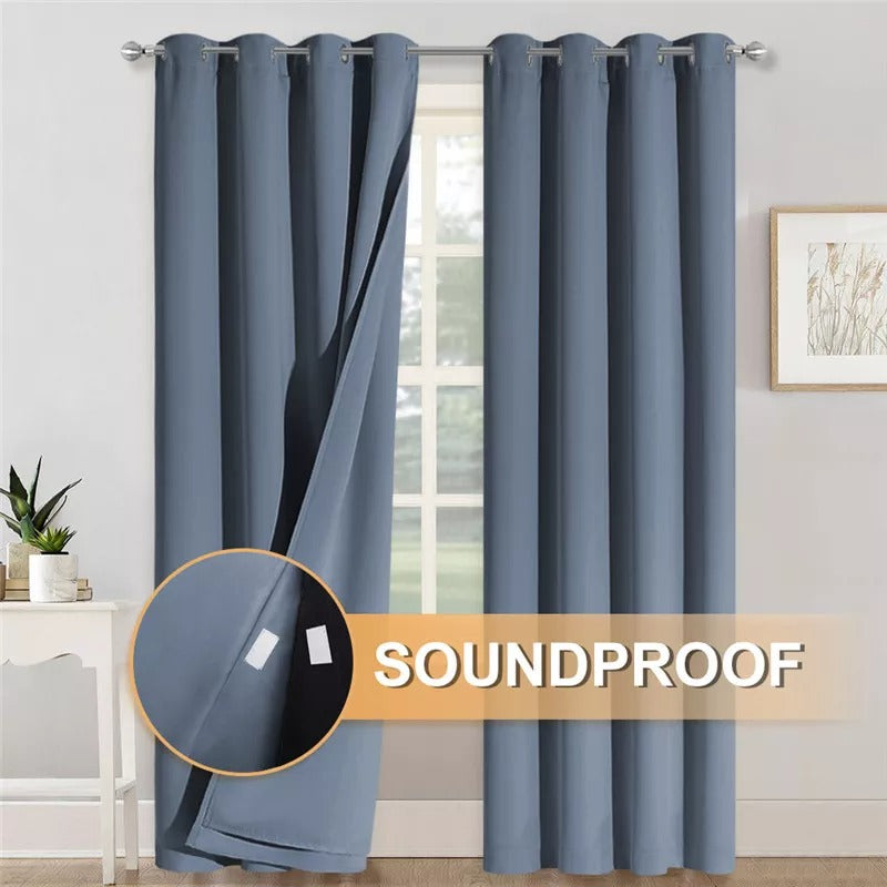 Blue 3-layer thermal soundproof blackout grommet curtains; one panel shows thick fabric with soundproofing strips.