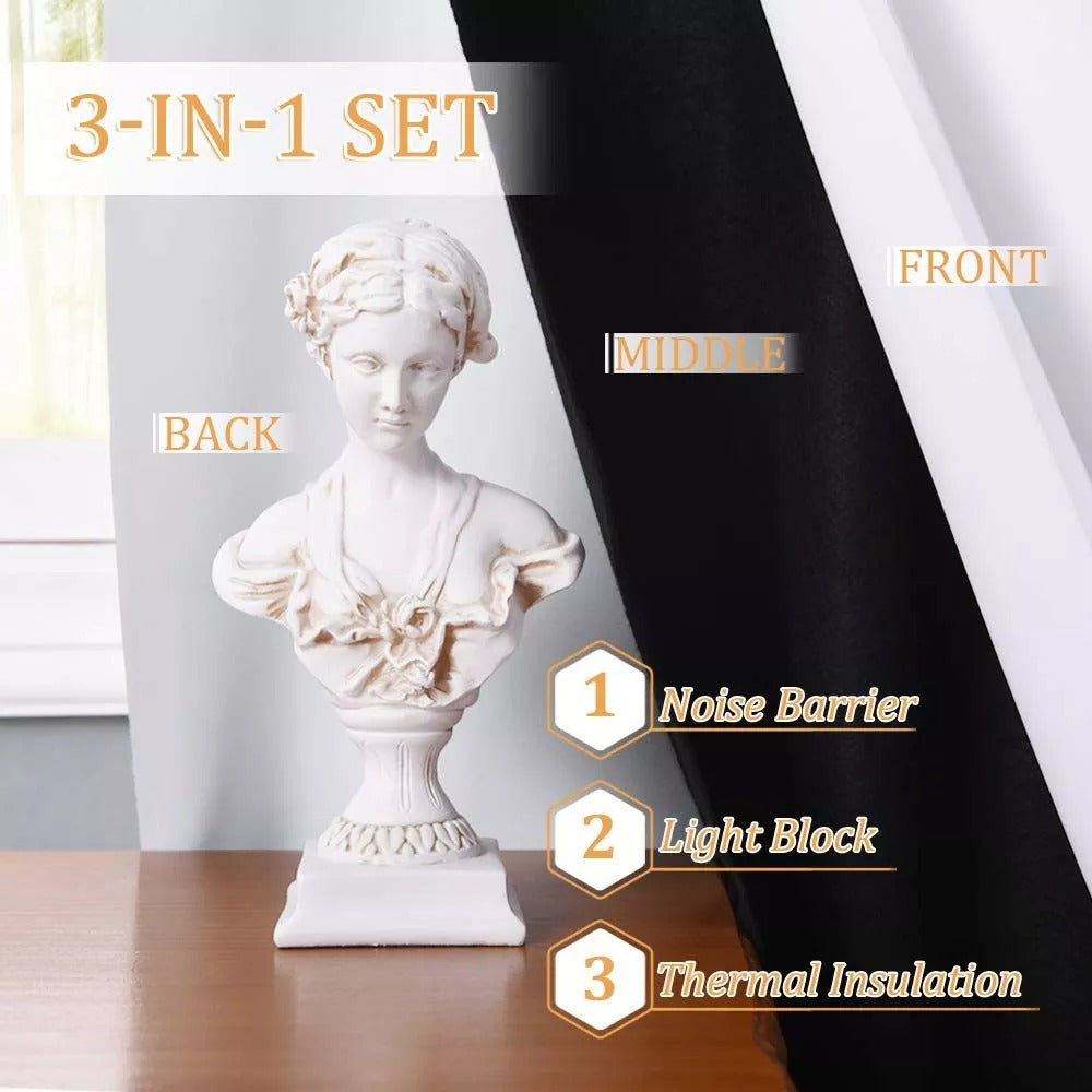 3-layer thermal soundproof blackout curtain cross-section highlighting noise barrier, light block, and thermal insulation benefits for living room, bedroom.