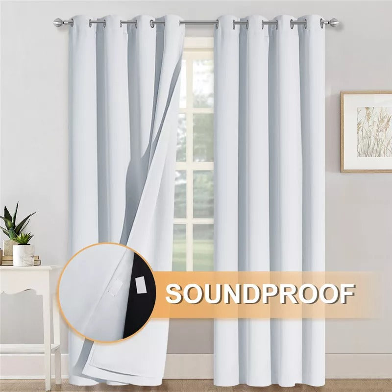 White grommet 3-layer thermal soundproof blackout curtains. One panel reveals inner black layer, ideal for living room & bedroom.