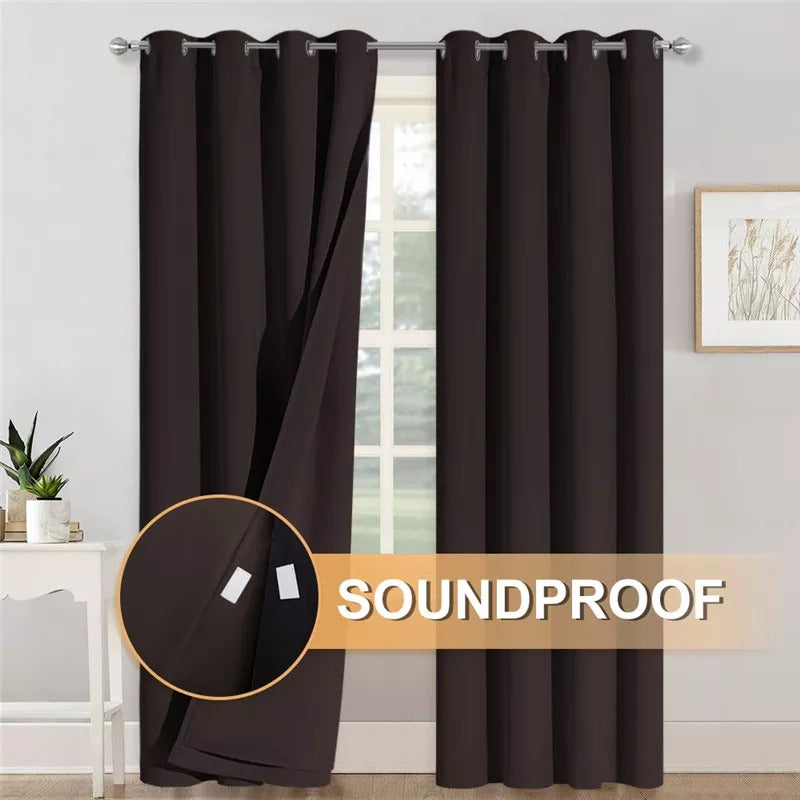 Dark brown grommet 3-layer thermal soundproof blackout curtains; one panel pulled back, revealing insulating layers.