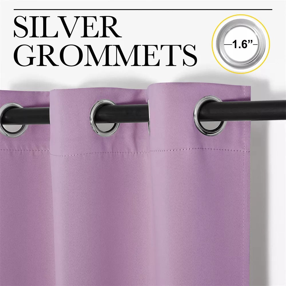 Close-up of lavender 3-layer thermal soundproof blackout curtain showing 1.6" silver grommets on a black rod.