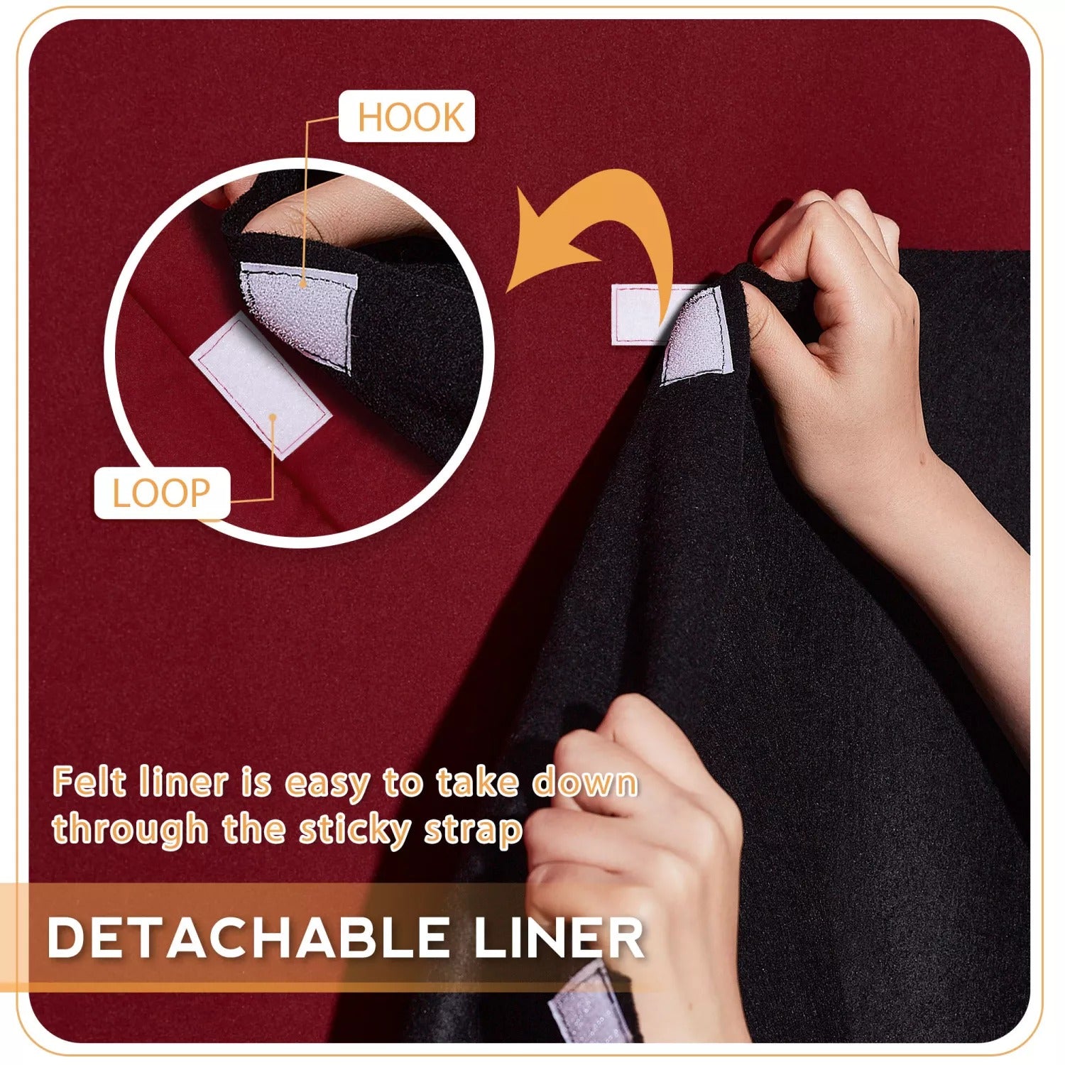 Hands demonstrating attaching/detaching the black felt detachable liner for 3-layer thermal soundproof blackout curtains via hook-and-loop.