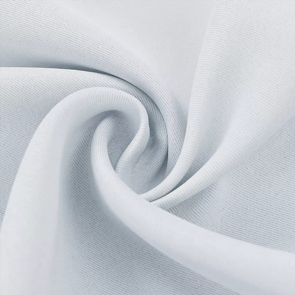 Close-up of white 3-layer thermal soundproof blackout curtain fabric with visible texture, showing its thickness and soft drape for living room or bedroom.