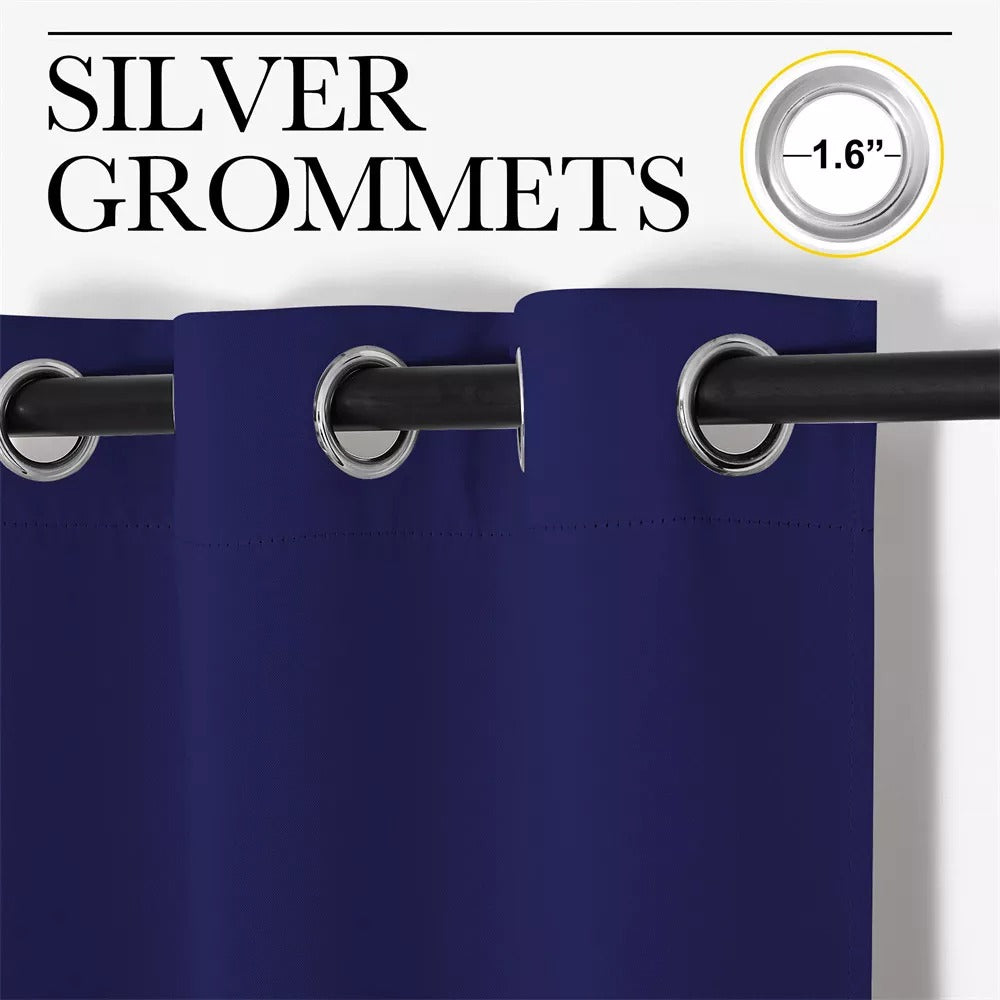 Dark blue thermal blackout curtain panel close-up, showcasing 1.6-inch silver grommets and thick 3-layer fabric on a black rod.