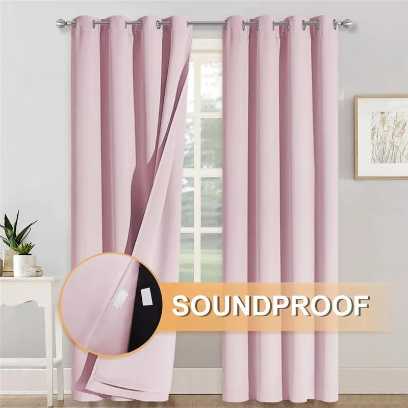 Two pink grommet 3-layer thermal soundproof blackout curtain panels, one pulled back to show the inner soundproofing layer.