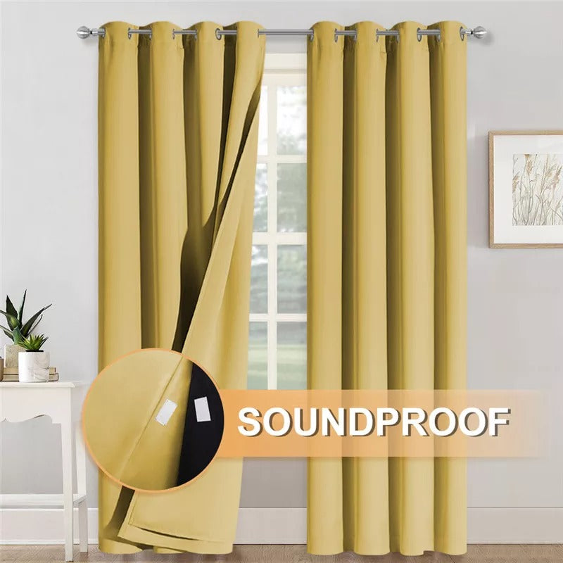 Gold 3-layer soundproof blackout grommet curtains for bedroom/living room, with one panel revealing thick inner layers for noise insulation.