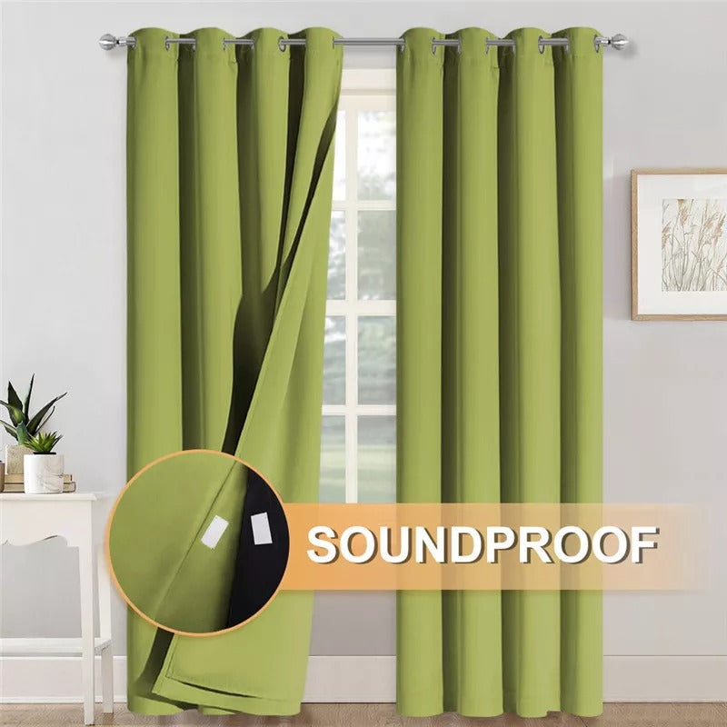 Vivid green grommet 3-layer soundproof blackout curtains. One panel open reveals thermal insulating layers for living rooms & bedrooms.