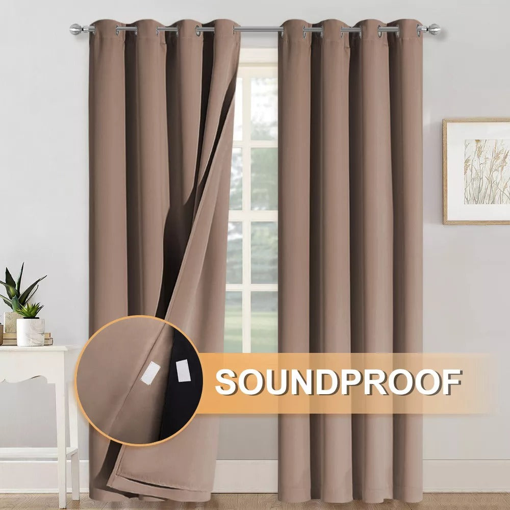 Taupe grommet 3-layer thermal blackout curtains for living room, one panel drawn back showing soundproof inner lining.