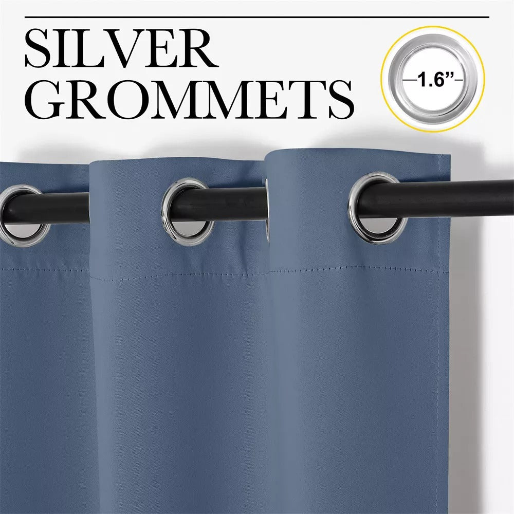 Close-up of blue 3-layer thermal soundproof blackout curtains with 1.6" silver grommets on a black rod for living room.