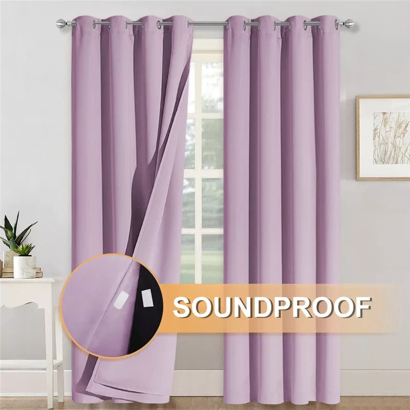 Two lavender grommet 3-layer thermal soundproof blackout curtains. One panel pulled back showing layered lining with 'SOUNDPROOF' text.