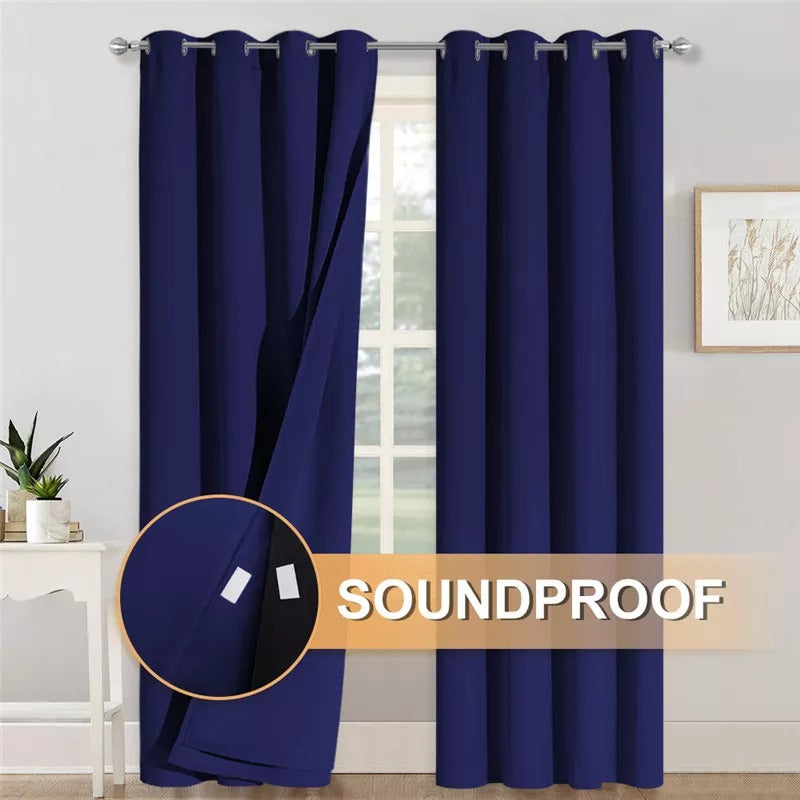 Dark blue 3-layer thermal soundproof blackout grommet curtains for living room/bedroom. Inset shows fabric layers with "SOUNDPROOF" text.