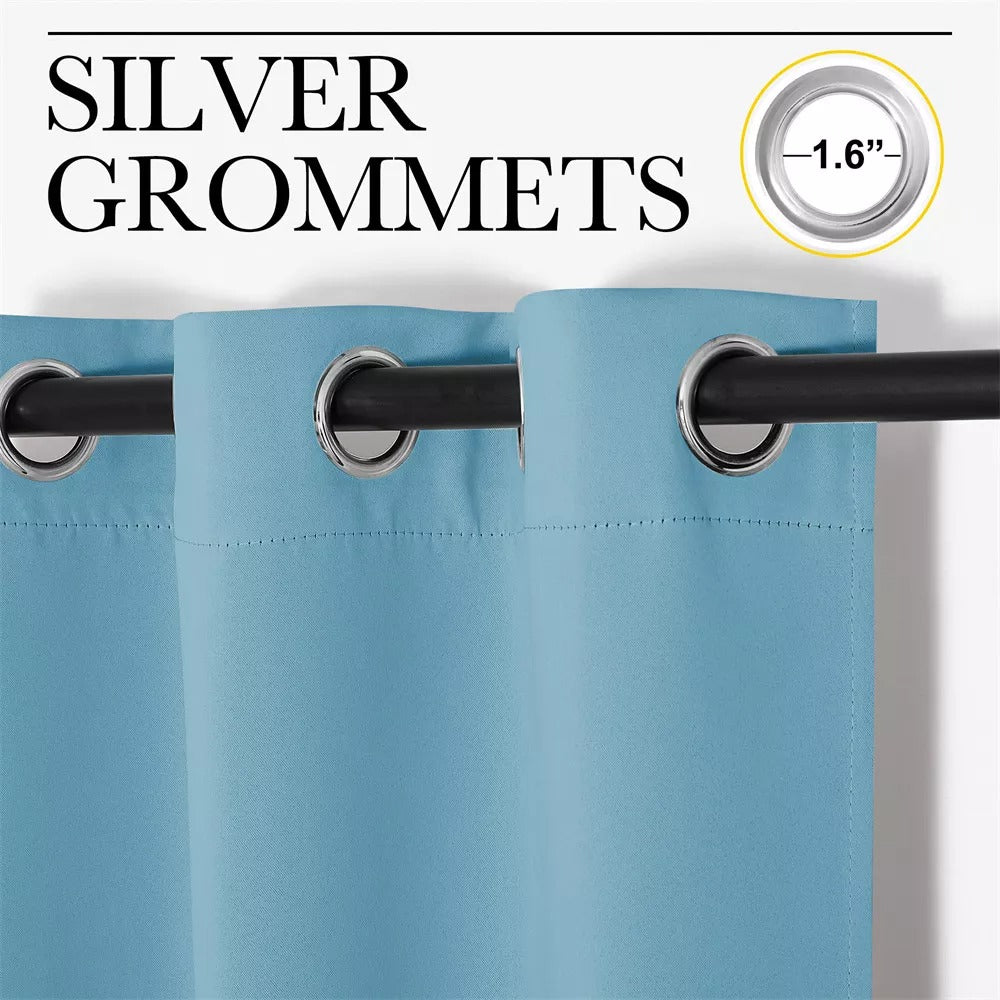 Blue thermal soundproof blackout curtains with close-up of 1.6" silver grommets on a rod.
