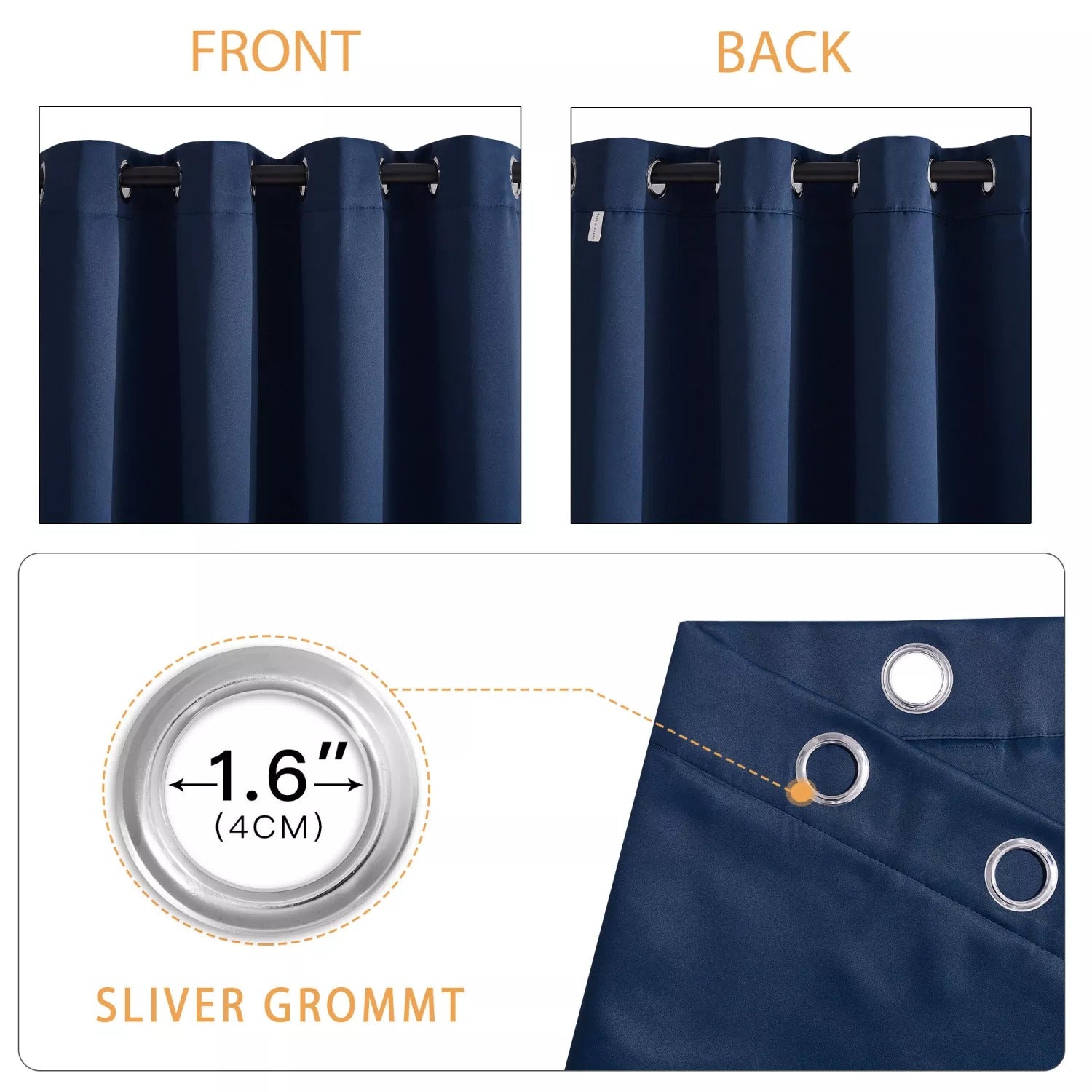 Navy blue thermal blackout curtain panels, front and back, with close-up of 1.6-inch (4cm) silver grommets.