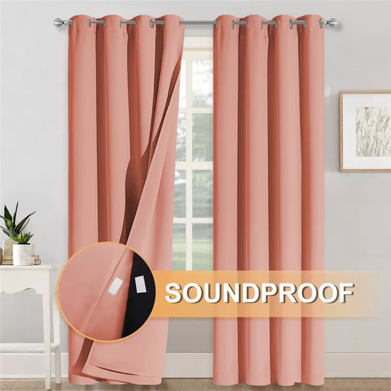 Pink grommet 3-layer thermal soundproof blackout curtains in a living room, revealing thick layered fabric.