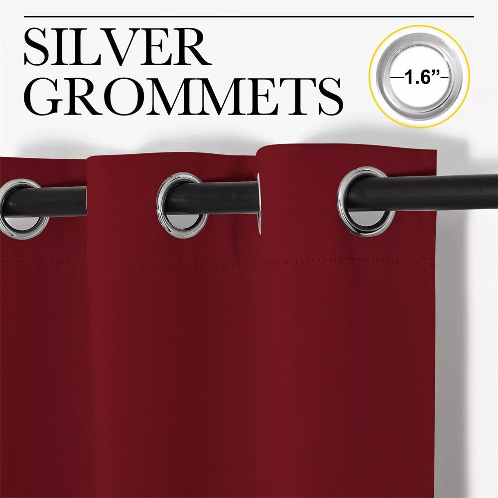 Deep red blackout curtain panel featuring 1.6-inch silver grommets on a rod, perfect for thermal soundproof living room privacy.