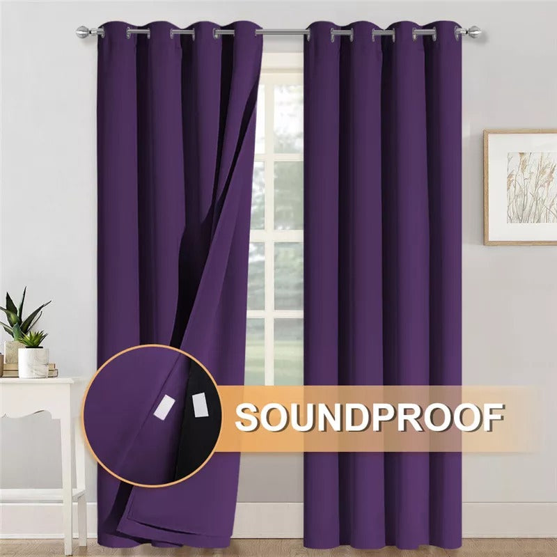 Purple grommet 3-layer thermal soundproof blackout curtains, highlighting interior layers and fasteners for noise reduction.