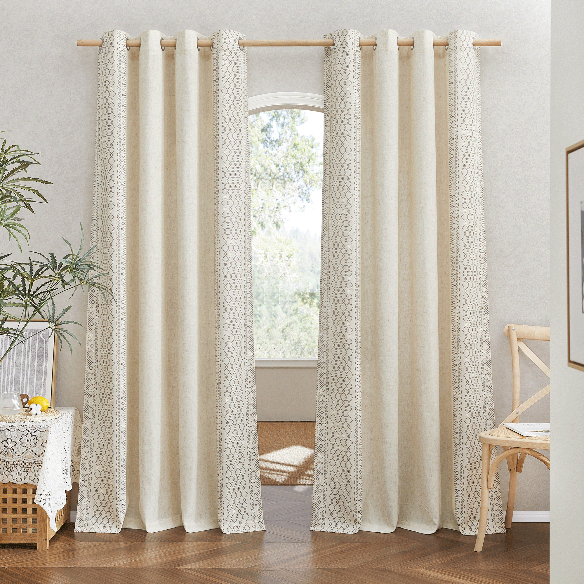 Grommet Top Embroidered Geometric Bordered Thick Faux Linen Curtains for Bedroom/Living Room KGORGE Store